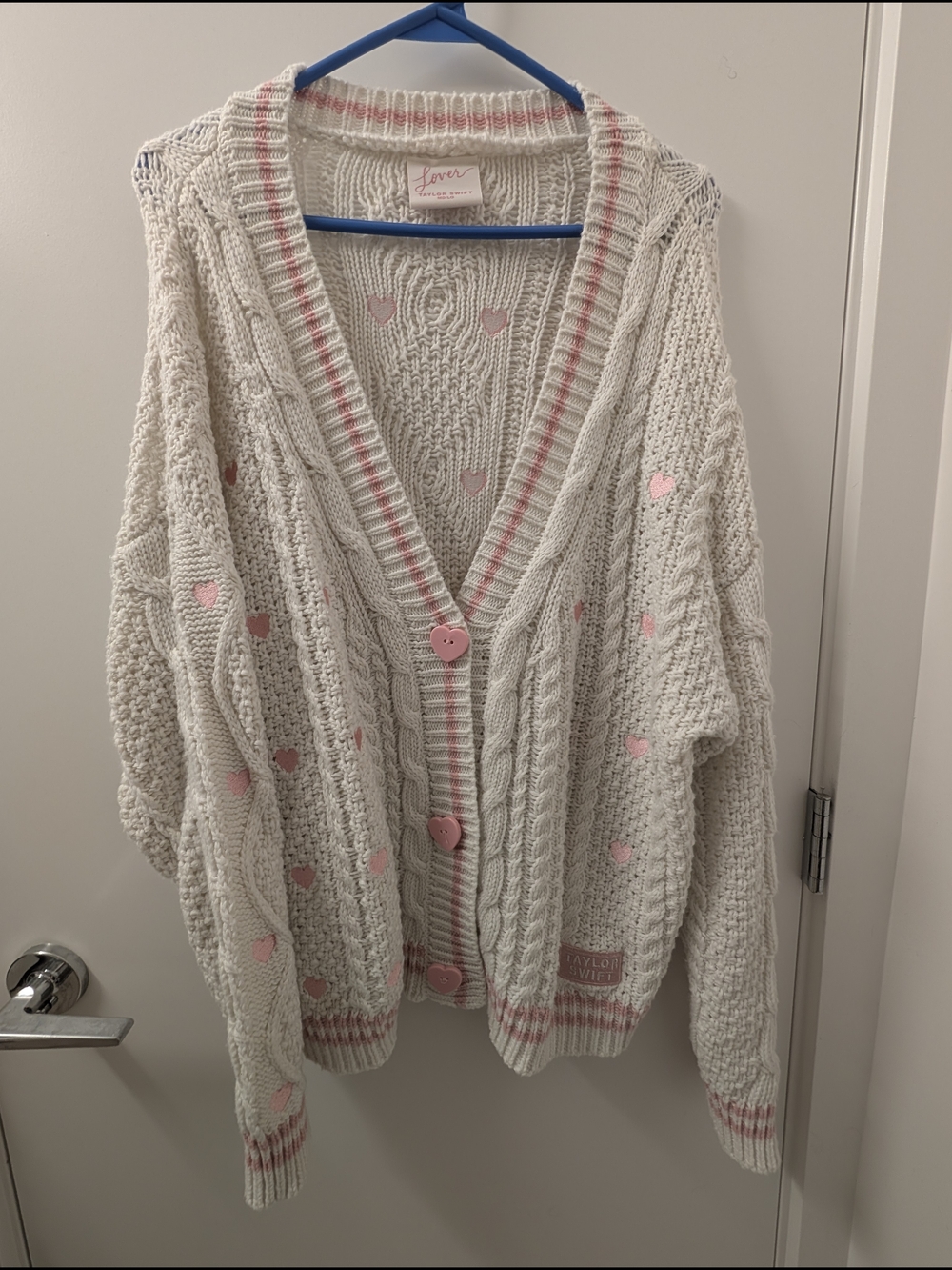 Taylor Swift White Cable Knit Cardigan with Pink Heart Accents